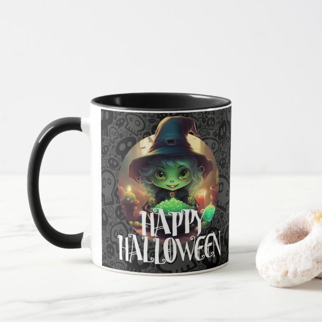 Green Hexe isst Candy Happy Halloween Tasse (Mit Donut)
