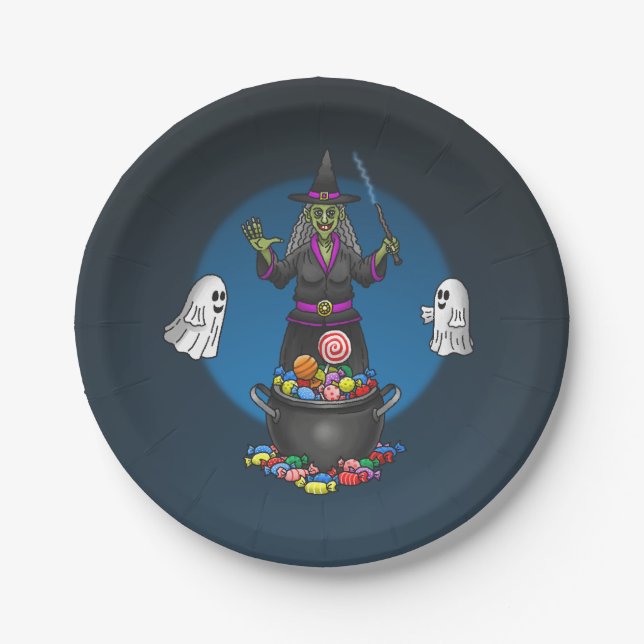 Green Hexe und Geistertrick oder Treat Halloween Pappteller (Vorderseite)