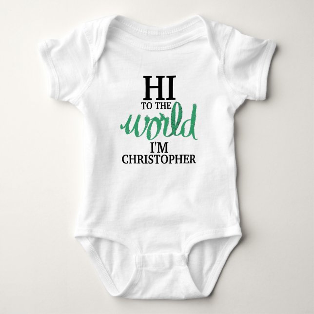 Green Hi to World Baby NAME Baby Strampler (Vorderseite)
