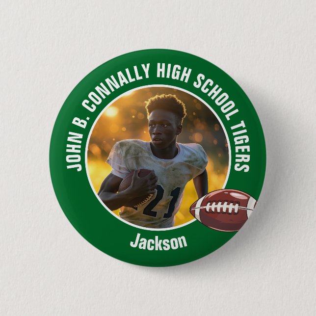 Green High School Football Player Foto Button (Vorderseite)