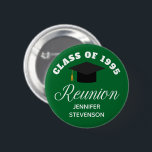 Green High School Wiedersehen Personalisiert Name Button<br><div class="desc">Eine klassische, benutzerdefinierte Klasse Wiedersehen Party Namensschild-Taste in Grün und Weiß für eine High School, Uni oder Universität. Anpassen mit Ihrem Schulnamen und schließ-Klasse unter der eleganten Kalligrafie für große personalisierte Alumni-Feier-Buttons.</div>