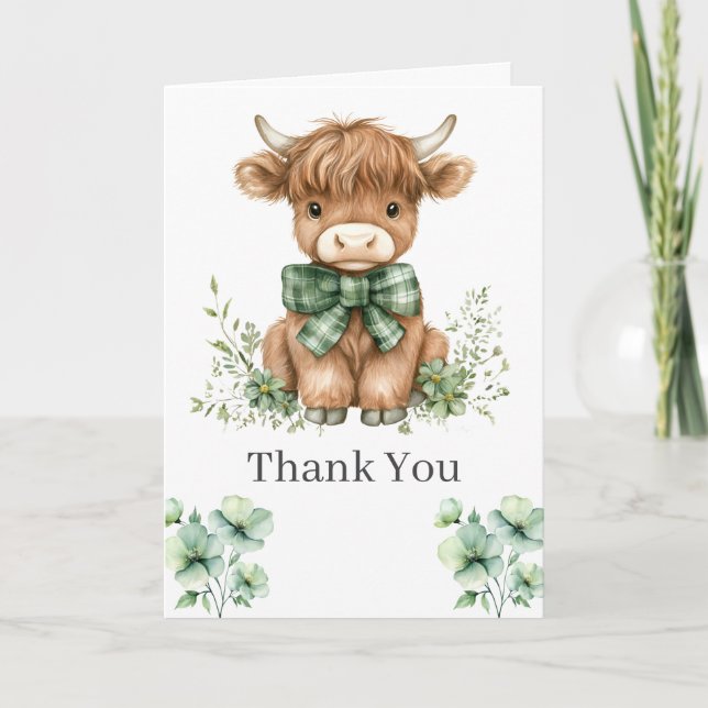 Green Highland Cow Carte de remerciements (Devant)