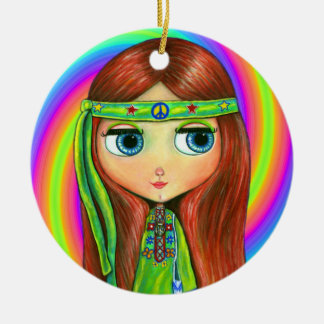 Green Hippie Doll Girl Peace Sign Headband Niedlic Keramik Ornament