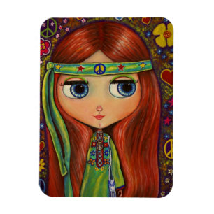 Green Hippie Girl Doll Blume Power Peace Magnet