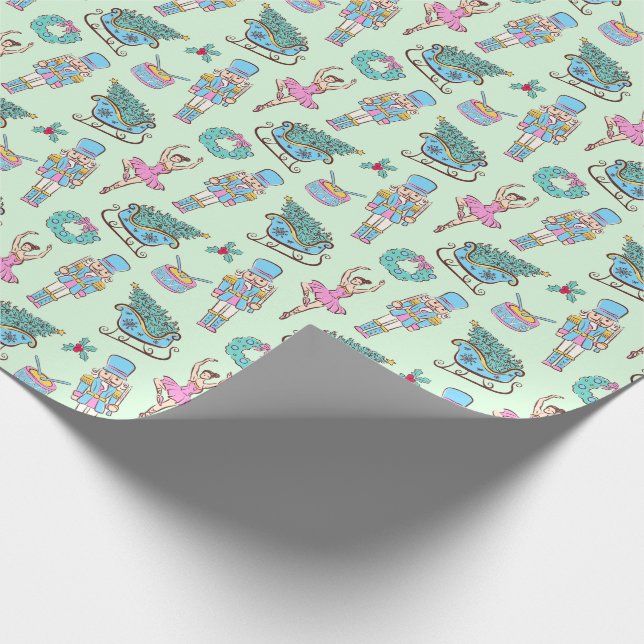 Green Holiday Nutcracker Ballerina Pattern Geschenkpapier (Ecke)