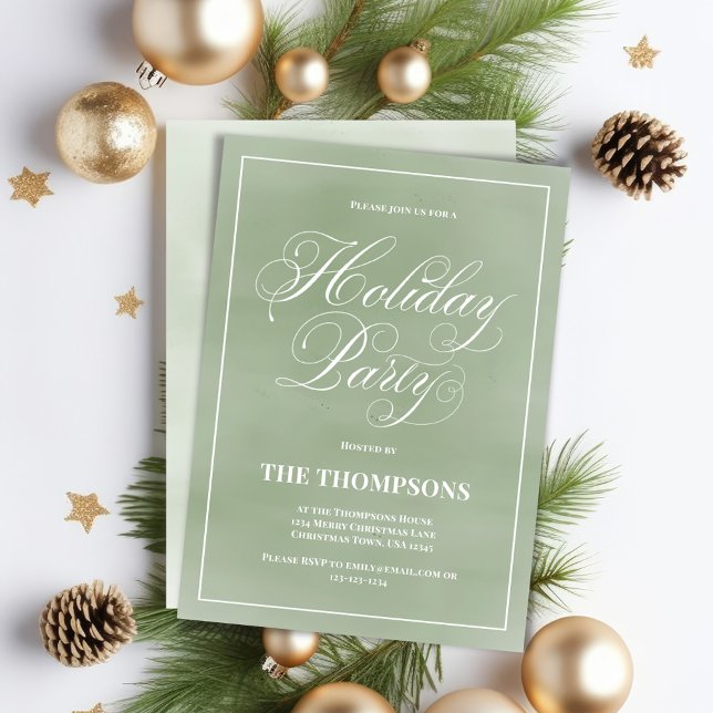 Green Holiday Party-Kalligrafie Einladung (Holiday party custom invitation card with calligraphy script. )