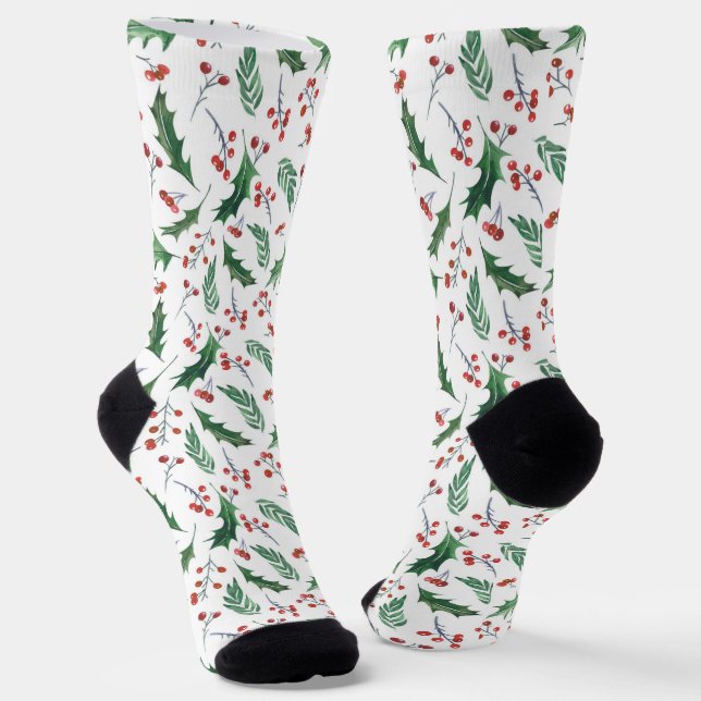 Green Holly and Red Berry Weihnachtsmuster Socken (Gewinkelt)