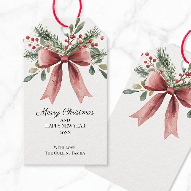 Green Holly Berries Watercolor Red Bow Weihnachten Geschenkanhänger (Green Holly Berries Watercolor Red Bow Christmas Gift Tags)