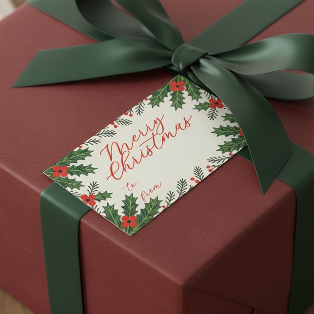 Green Holly Blätter und Red Berry Frohe Weihnachte Rechteckiger Aufkleber (Von Creator hochgeladen)