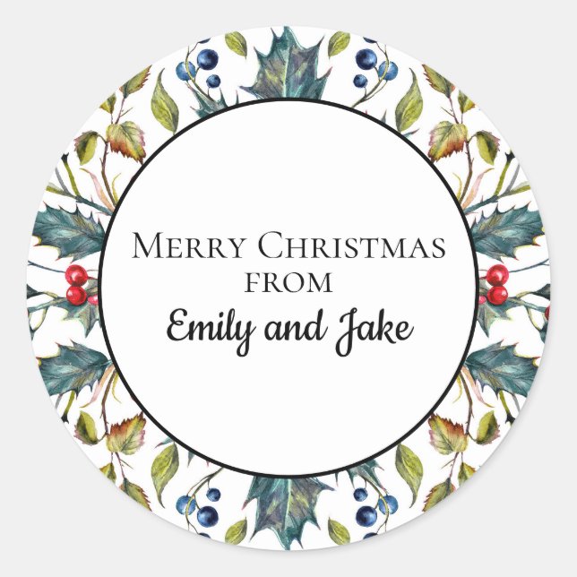 Green Holly Red Berries Custom Frohe Weihnachten Runder Aufkleber (Vorderseite)