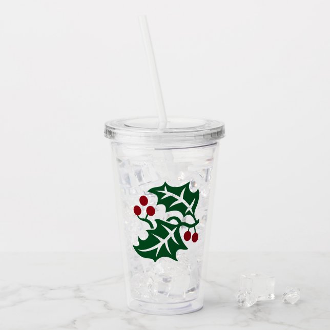 Green Holly Red Berries Weihnachtsthema Acryltrinkbecher (Vorderseite Ice)