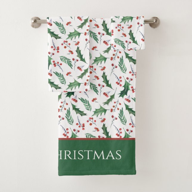 Green Holly und Red Berry Frory Weihnachtsmuster Badhandtuch Set (Insitu)