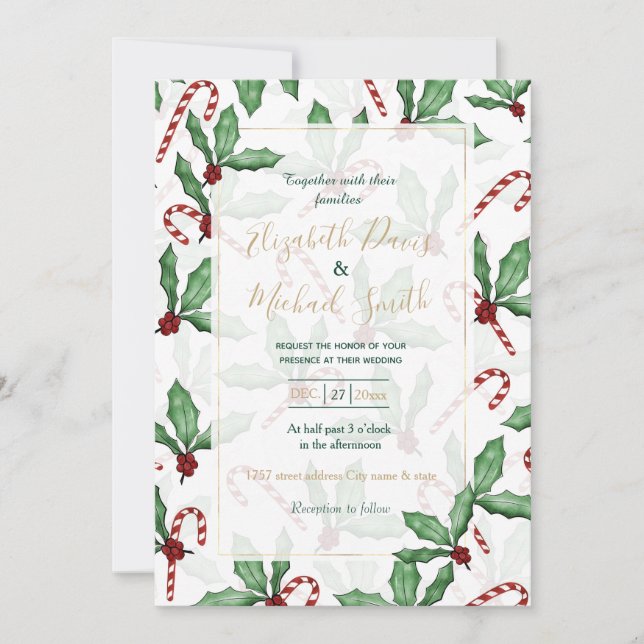 Green Holly Verlasse Red Berries Candy Cane Paint Einladung (Vorderseite)