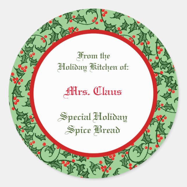 Green Holly with Red Berries Custom Baking Runder Aufkleber (Vorderseite)