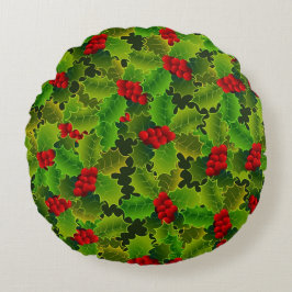 Green Holly with Red Berries Rundes Kissen