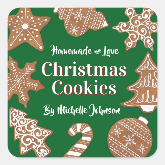 Green Homemade Christmas Cookies Quadratischer Aufkleber (Vorderseite)