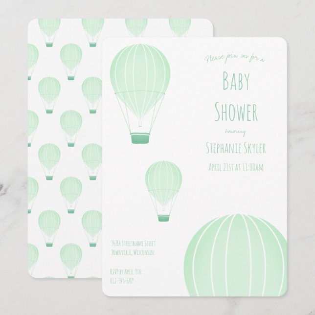 Green Hot Air Ballon | Einladung der Babydusche (Vorne/Hinten)