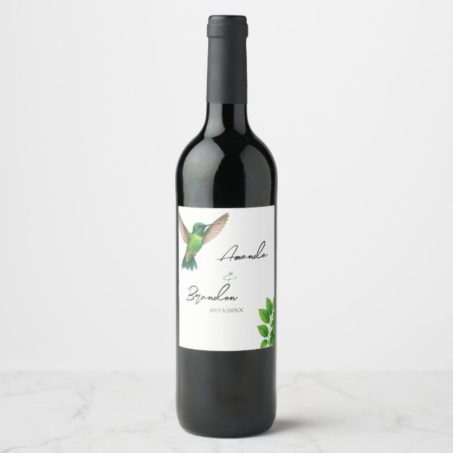 Green Hummingbird Leafy Botanical Border Wedding Weinetikett (Vorderseite)
