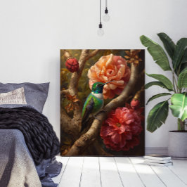 Green Hummingbird Oil Painting Floral Nature Poster