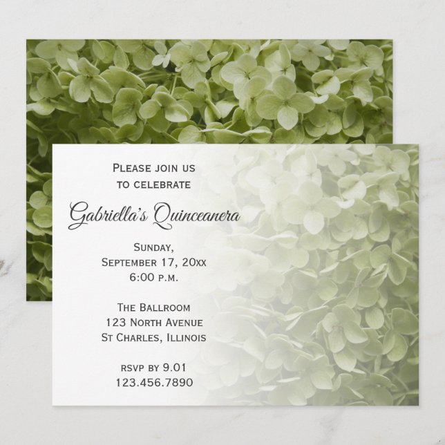 Green Hydrangea Blume Quinceanera Einladung (Vorne/Hinten)