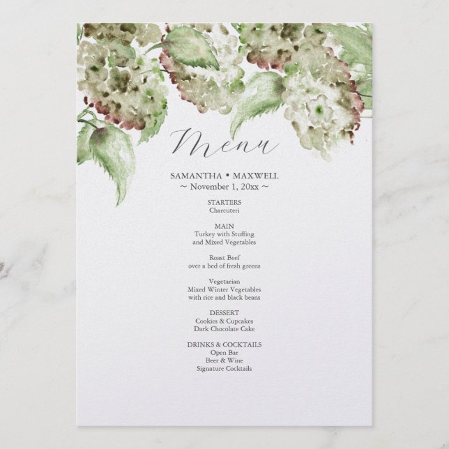 Green Hydrangea Wedding Decor Menus Menükarte (Vorderseite)