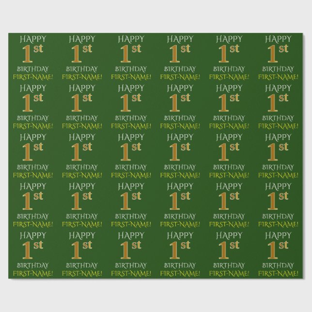 Green, Imitate Gold "HAPPY 1th GEBURTSTAG" Geschenkpapier (Flach)