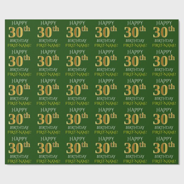 Green, Imitate Gold "HAPPY 30. GEBURTSTAG" Geschenkpapier (Flach)
