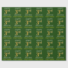 Green, Imitate Gold "HAPPY 3. BIRTHDAY" Geschenkpapier