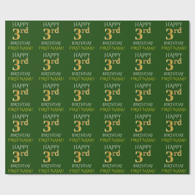 Green, Imitate Gold "HAPPY 3. BIRTHDAY" Geschenkpapier (Flach)