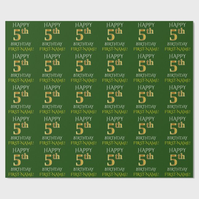 Green, Imitate Gold "HAPPY 5th GEBTHDAY" Geschenkpapier (Flach)