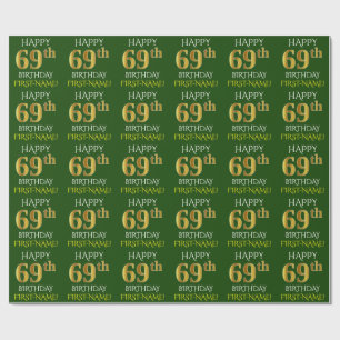 Green, Imitate Gold "HAPPY 69. BIRTHDAY" Geschenkpapier