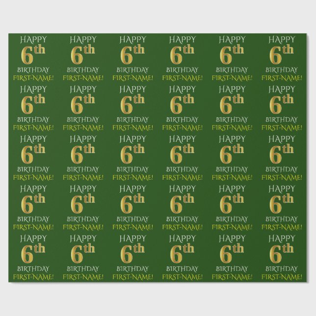 Green, Imitate Gold "HAPPY 6th GEBTHDAY" Geschenkpapier (Flach)