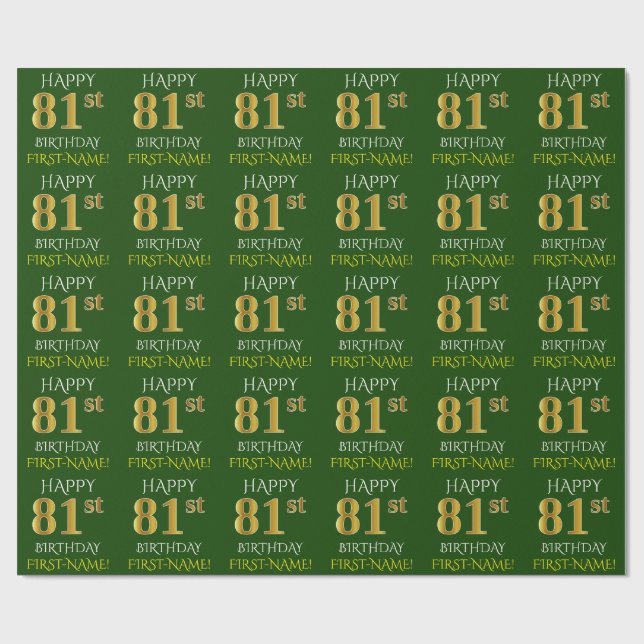 Green, Imitate Gold "HAPPY 81. BIRTHDAY" Geschenkpapier (Flach)