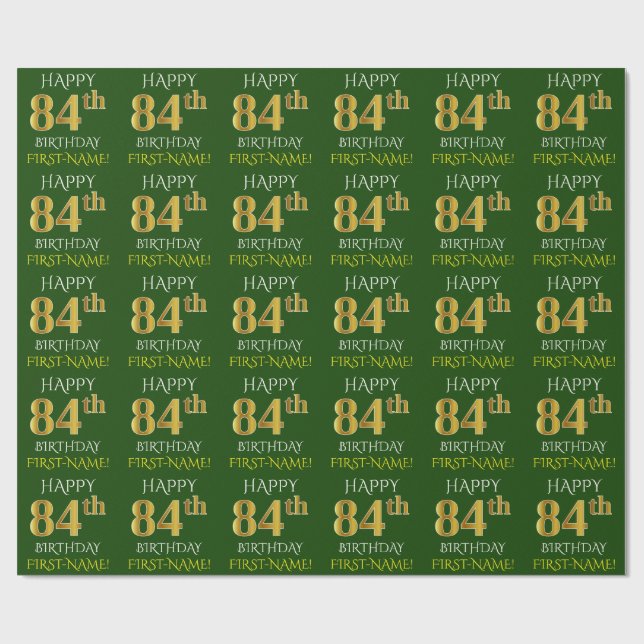 Green, Imitate Gold "HAPPY 84. GEBURTSTAG" Geschenkpapier (Flach)