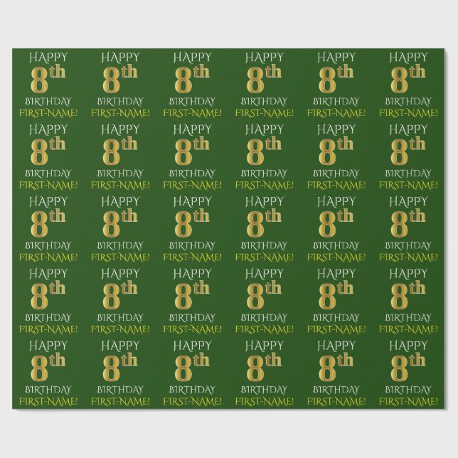 Green, Imitate Gold "HAPPY 8. GEBURTSTAG" Geschenkpapier (Flach)