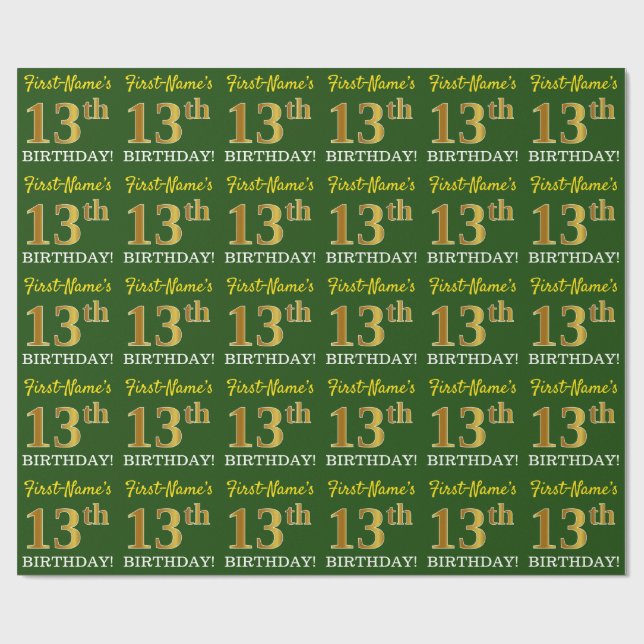 Green, Imitation Gold Look "13. GEBURTSTAG" Geschenkpapier (Flach)
