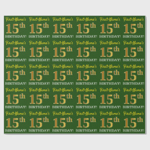 Green, Imitation Gold Look "15. GEBURTSTAG" Geschenkpapier