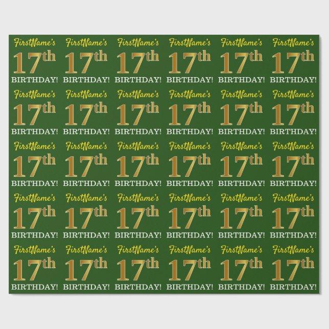 Green, Imitation Gold Look "17. GEBURTSTAG" Geschenkpapier (Flach)
