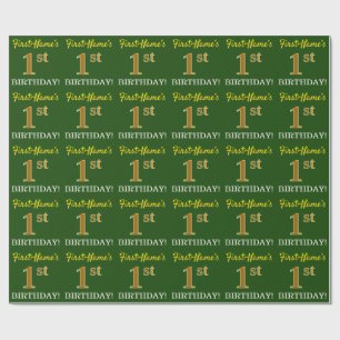 Green, Imitation Gold Look "1. BIRTHDAY" Geschenkpapier