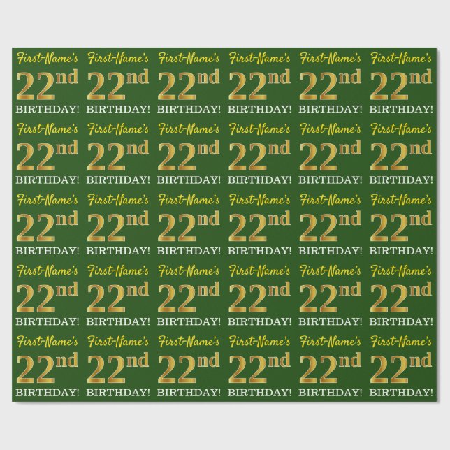 Green, Imitation Gold Look "22. GEBURTSTAG" Geschenkpapier (Flach)