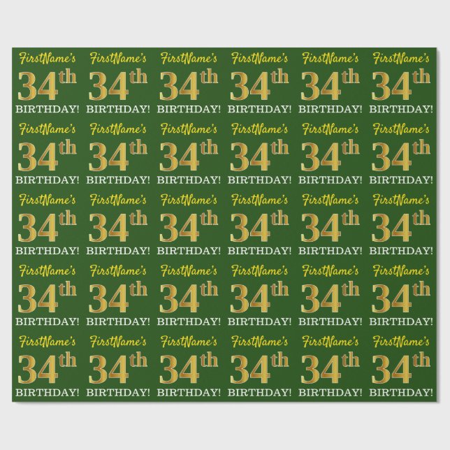 Green, Imitation Gold Look "34. GEBURTSTAG" Geschenkpapier (Flach)