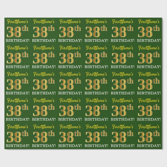Green, Imitation Gold Look "38. GEBURTSTAG" Geschenkpapier (Flach)