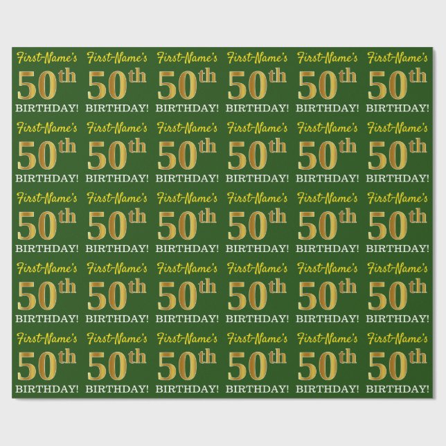 Green, Imitation Gold Look "50. GEBURTSTAG" Geschenkpapier (Flach)