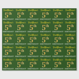 Green, Imitation Gold Look "5. BIRTHDAY" Geschenkpapier