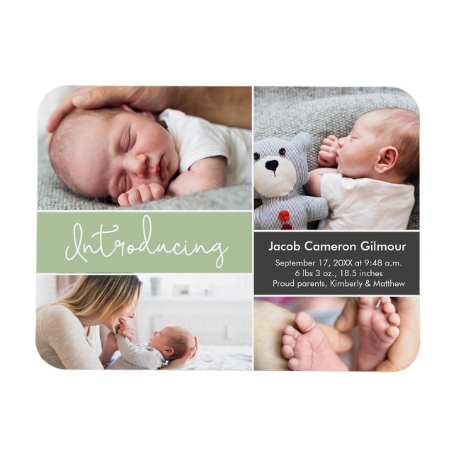 Green Introducing Baby Boy Custom Foto Collage Magnet (Horizontal)