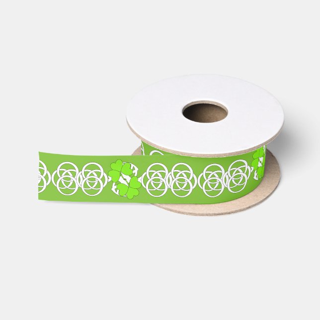 Green Irish Kleeblatts White Celtic Knots Satinband (Spule)