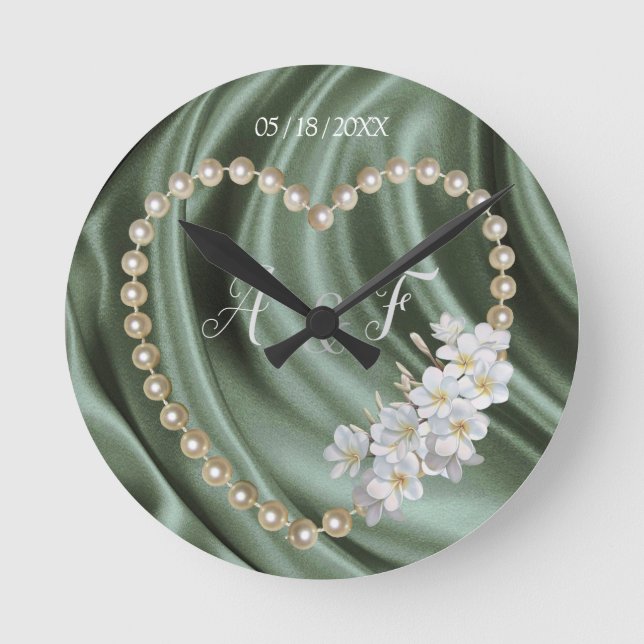 Green,Ivory,Blue,gold Silk & Pearls Runde Wanduhr (Vorderseite)