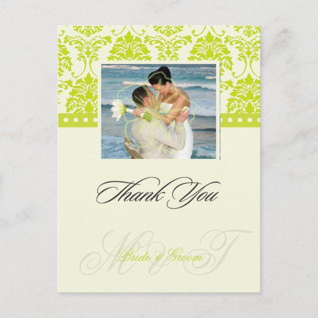 Green + Ivory Damask Merci Carte postale, (Devant)