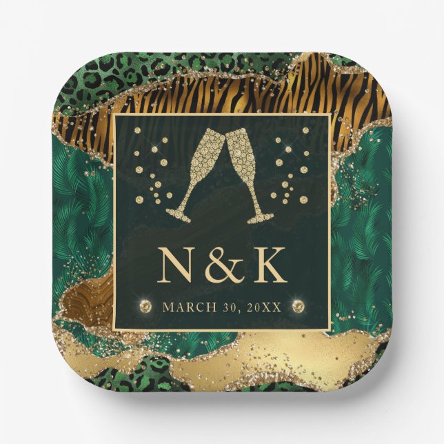Green Jungle Animal Print Glitzer Agate Wedding Pappteller (Vorderseite)