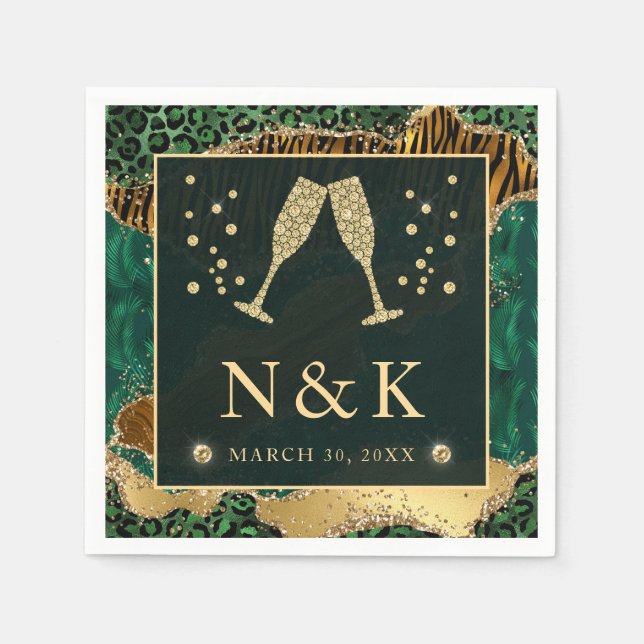 Green Jungle Animal Print Glitzer Agate Wedding Serviette (Vorderseite)